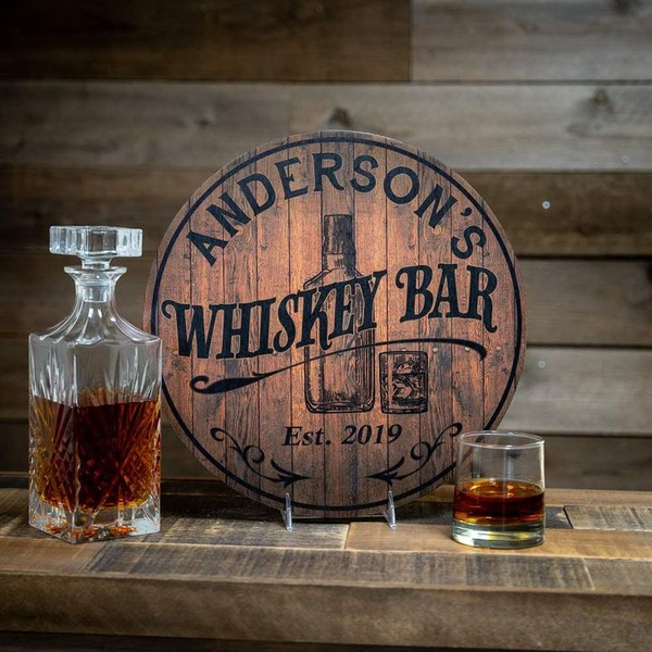 Whiskey Bar Custom Round Wood Sign | Home Decoration | Waterproof | WN1012-Colorful-Gerbera Prints.