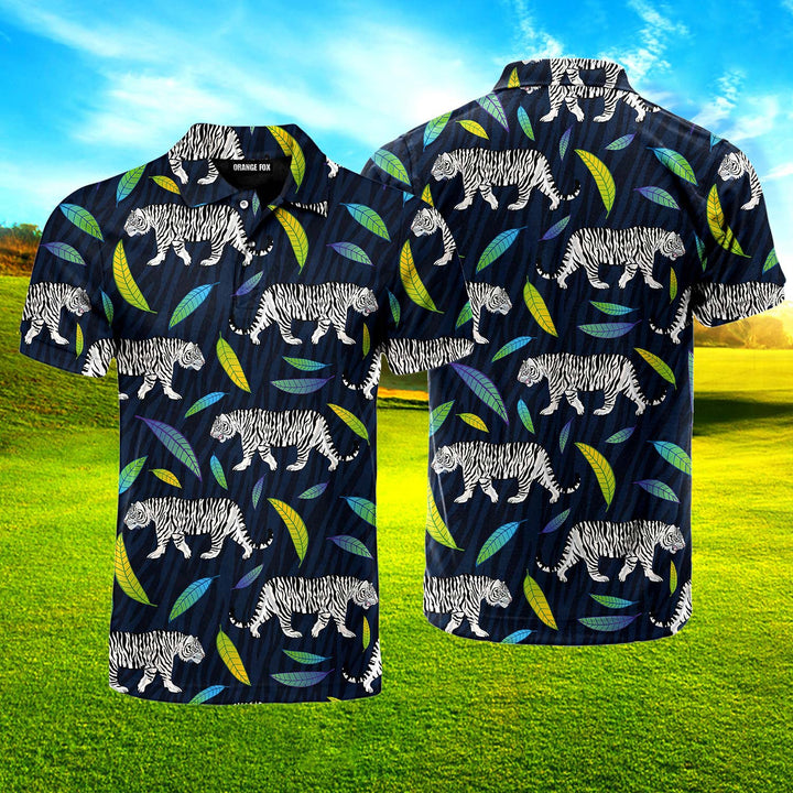 White Tiger Walking Roar Wild Leaves Polo Shirt For Men