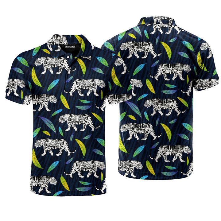 White Tiger Walking Roar Wild Leaves Polo Shirt For Men