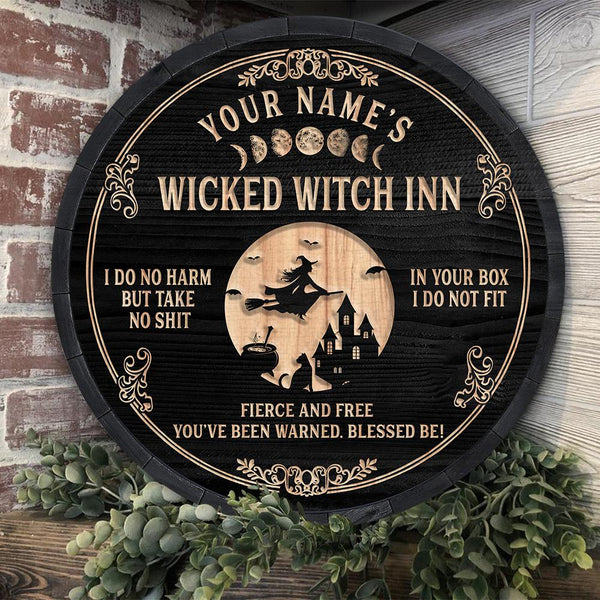 Wicked Witch Inn Black Custom Round Wood Sign | Home Decoration | Waterproof | WN1412-Colorful-Gerbera Prints.