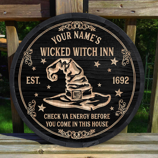 Wicked Witch Inn Check Ya Energy Custom Round Wood Sign | Home Decoration | Waterproof | WN1043-Colorful-Gerbera Prints.
