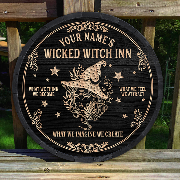 Wicked Witch Inn Custom Round Wood Sign | Home Decoration | Waterproof | WN1031-Colorful-Gerbera Prints.