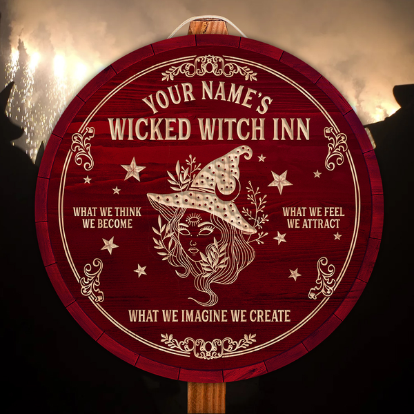 Wicked Witch Inn Custom Round Wood Sign | Home Decoration | Waterproof | WN1032-Colorful-Gerbera Prints.