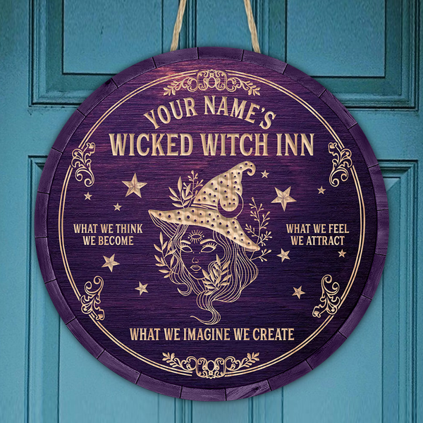 Wicked Witch Inn Custom Round Wood Sign | Home Decoration | Waterproof | WN1033-Colorful-Gerbera Prints.