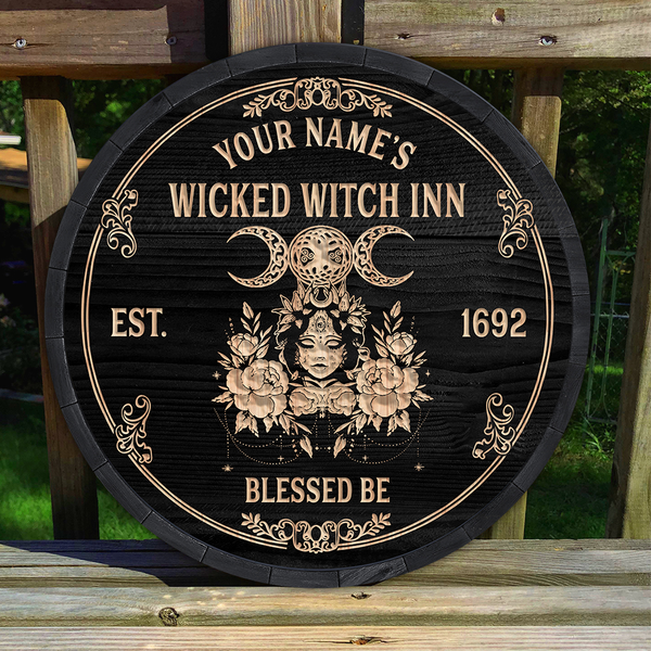 Wicked Witch Inn Custom Round Wood Sign | Home Decoration | Waterproof | WN1048-Colorful-Gerbera Prints.