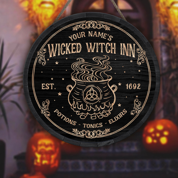 Wicked Witch Inn Potions Tonics Elixirs Custom Round Wood Sign | Home Decoration | Waterproof | WN1246-Colorful-Gerbera Prints.