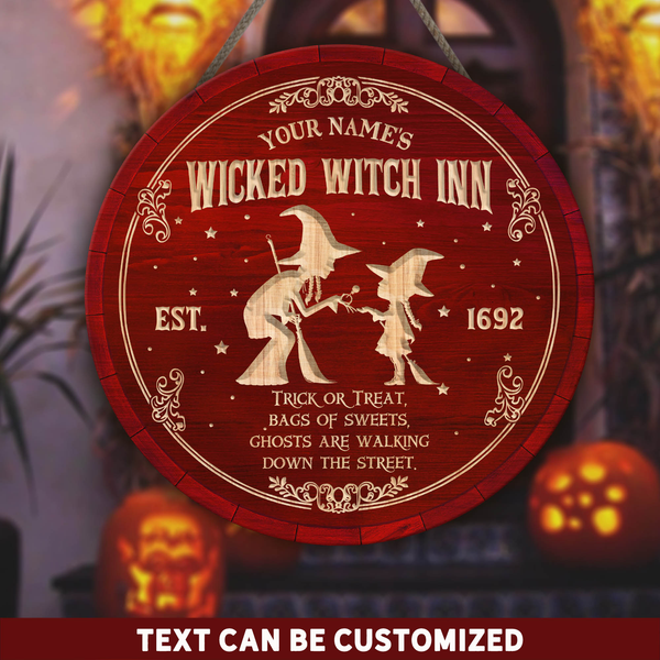 Wicked Witch Inn Trick Or Treat Custom Round Wood Sign | Home Decoration | Waterproof | WN1228-Colorful-Gerbera Prints.