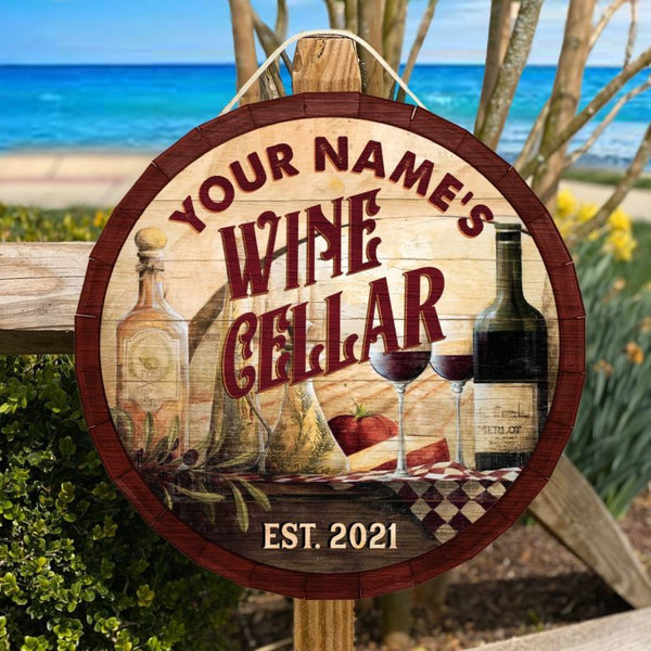 Wine Cellar Printed Wood Sign For Wine Enthusiasts, Wine Collectors Custom Round Wood Sign | Home Decoration | Waterproof | WN1475-Gerbera Prints.