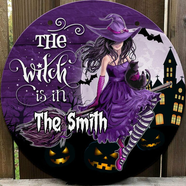 Witch Halloween Custom Round Wood Sign | Home Decoration | Waterproof | WN1571-Gerbera Prints.
