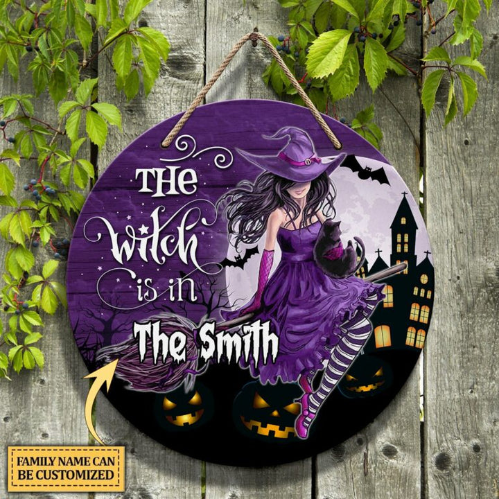 Witch Halloween Custom Round Wood Sign | Home Decoration | Waterproof | WN1571-Colorful-Gerbera Prints.