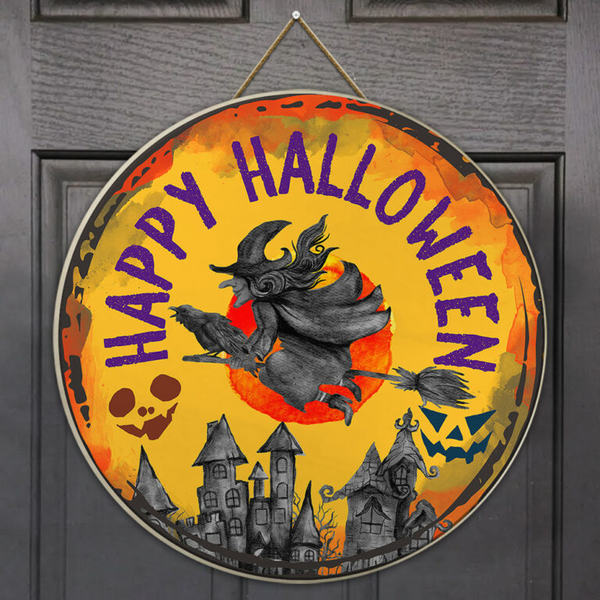 Witch Happy Halloween Sample Round Wood Sign | Home Decoration | Waterproof | WS1143-Colorful-Gerbera Prints.