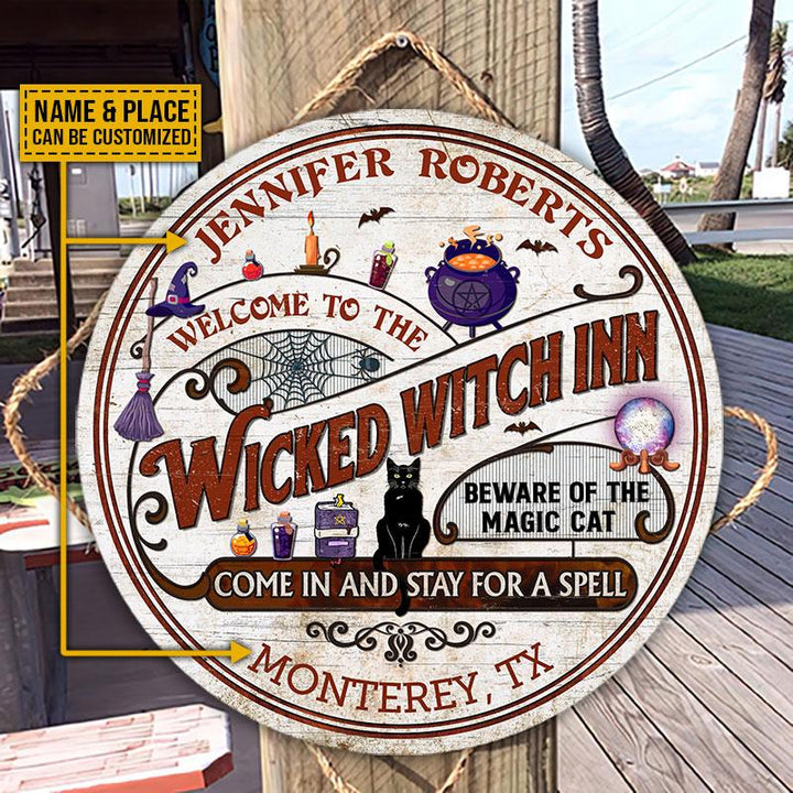 Witch Inn Black Cat Halloween Custom Round Wood Sign | Home Decoration | Waterproof | WN1565-Gerbera Prints.