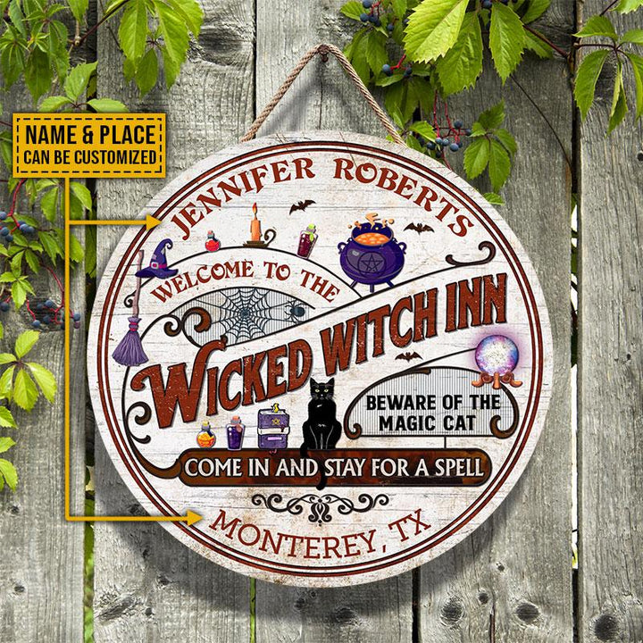 Witch Inn Black Cat Halloween Custom Round Wood Sign | Home Decoration | Waterproof | WN1565-Colorful-Gerbera Prints.
