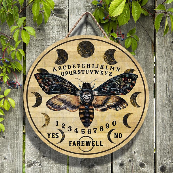 Witch Moth Ouija Board Halloween Round Wood Sign | Home Decoration | Waterproof | WS1339-Colorful-Gerbera Prints.