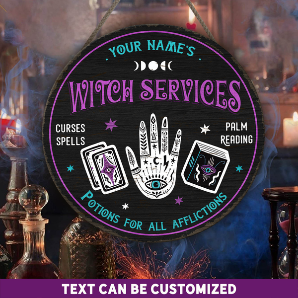 Witch Services Curses Spells Palm Reading Custom Round Wood Sign | Home Decoration | Waterproof | WN1039-Colorful-Gerbera Prints.