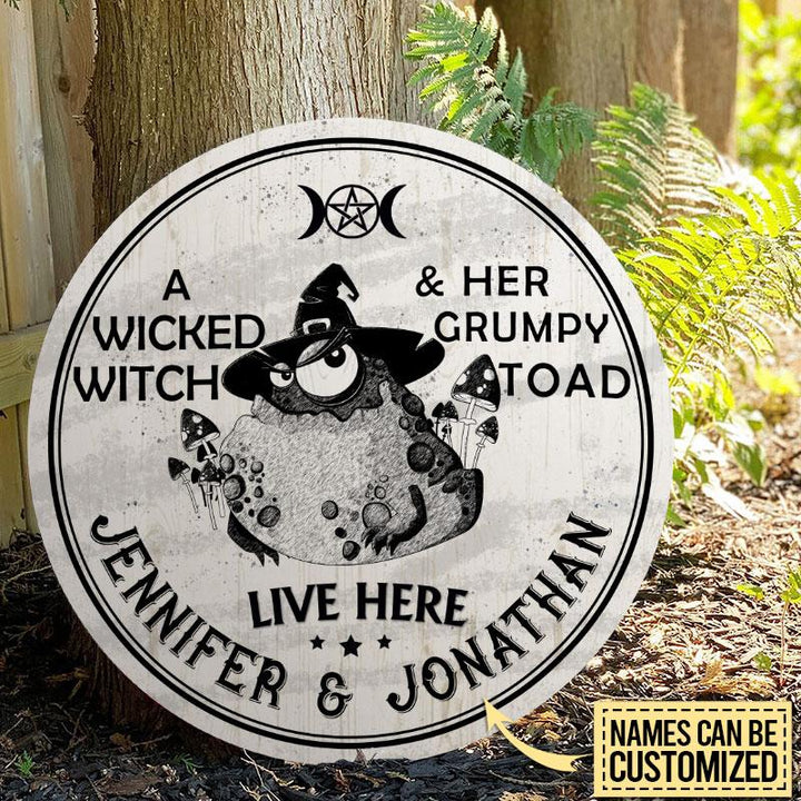 Witch Wicked Witch Live Here White Custom Round Wood Sign | Home Decoration | Waterproof | WN1446-Gerbera Prints.