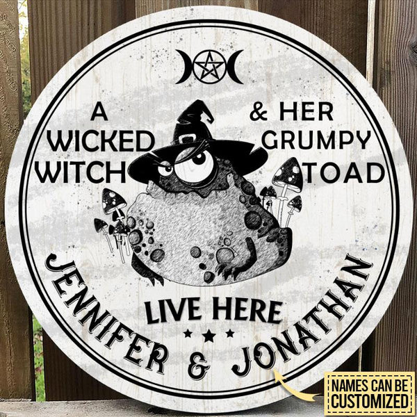 Witch Wicked Witch Live Here White Custom Round Wood Sign | Home Decoration | Waterproof | WN1446-Colorful-Gerbera Prints.