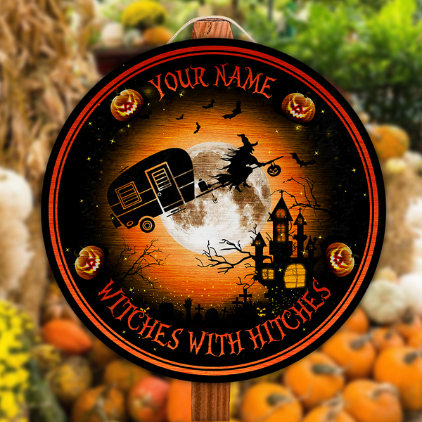 Witches With Hitches Custom Round Wood Sign | Home Decoration | Waterproof | WN1250-Colorful-Gerbera Prints.