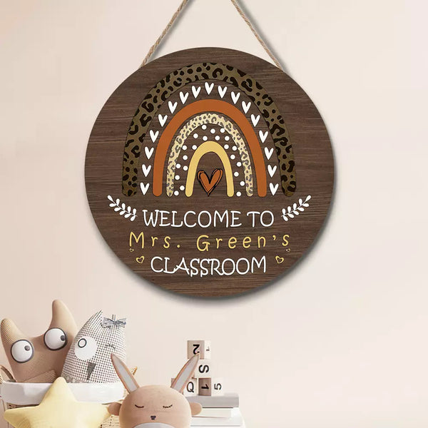 Wooden Welcome Signs, Doorplate Wecome to My Classroom Custom Round Wood Sign | Home Decoration | Waterproof | WN1649-Colorful-Gerbera Prints.