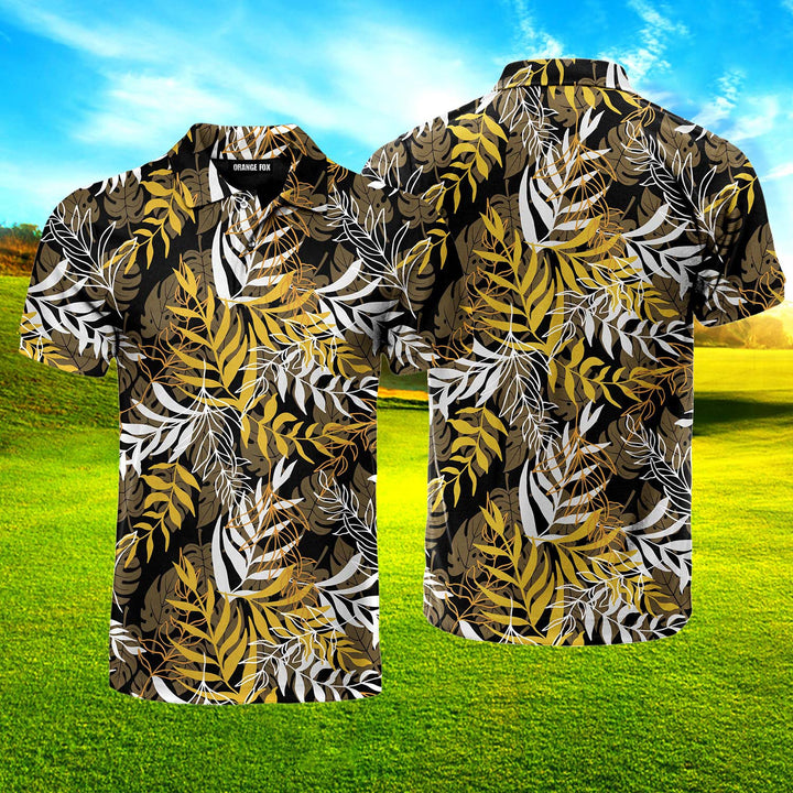 Yellow And Brown Palm Leaves Pattern Polo Shirt For Men