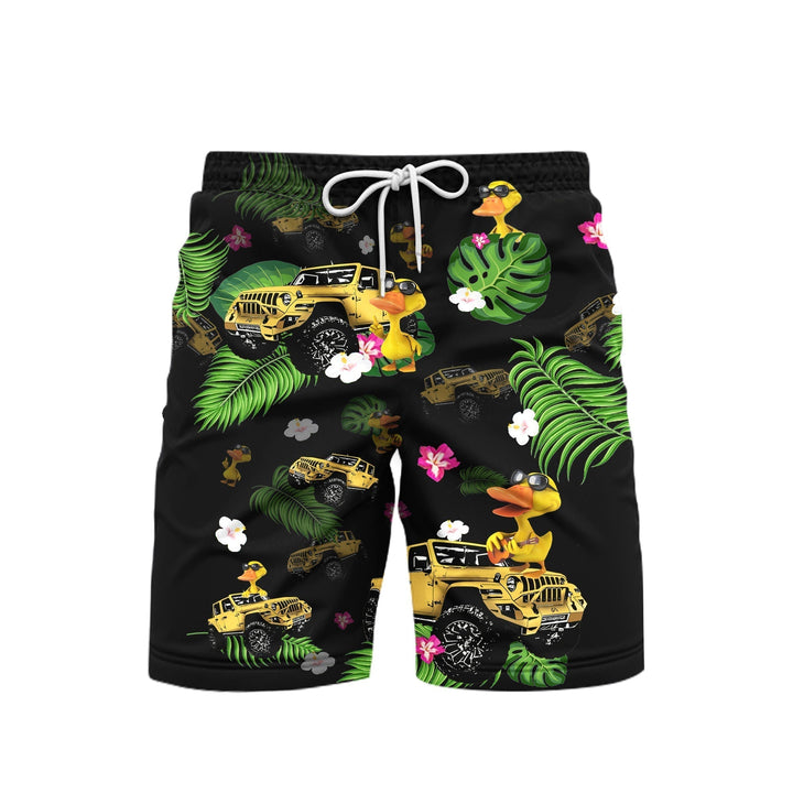 Yellow Duck Besides Truck Green Leaves Beach Shorts For Men