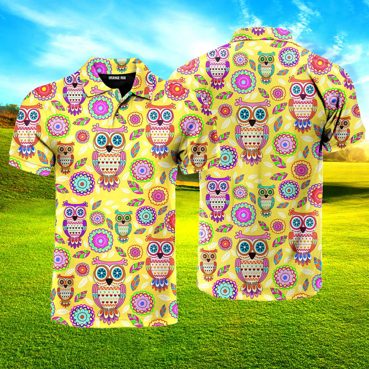 Yellow Owl And Flowers Polo Shirt For Men