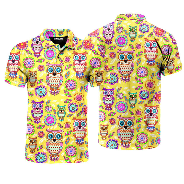 Yellow Owl And Flowers Polo Shirt For Men