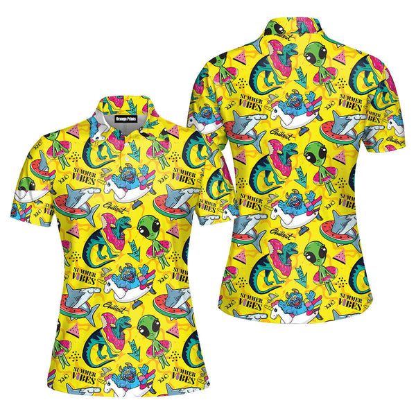 Yellow T-rex With Alien Summer Vibes Polo Shirt For Women