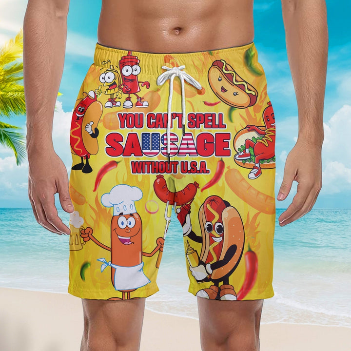 You Can't Spell Sausage Without USA Happy Independence Day 4th Of July Patriotic Beach Shorts For Men