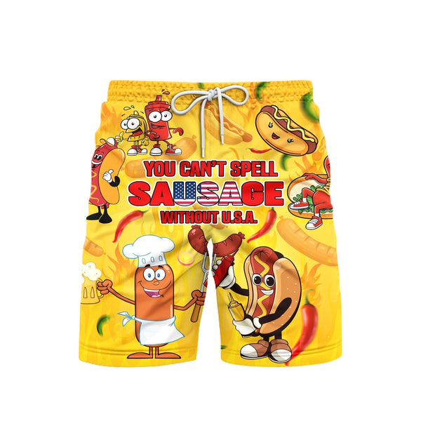 You Can't Spell Sausage Without USA Happy Independence Day 4th Of July Patriotic Beach Shorts For Men