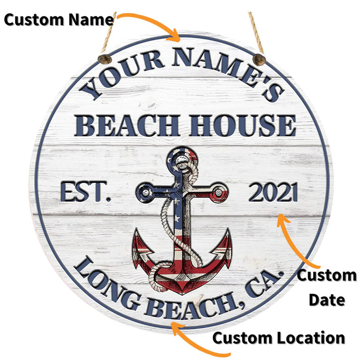 ound Wooden Anchor Beach House Sign Custom Round Wood Sign | Home Decoration | Waterproof | WN1379-Gerbera Prints.