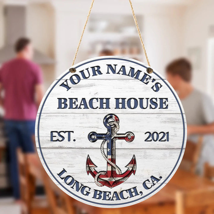 ound Wooden Anchor Beach House Sign Custom Round Wood Sign | Home Decoration | Waterproof | WN1379-Colorful-Gerbera Prints.